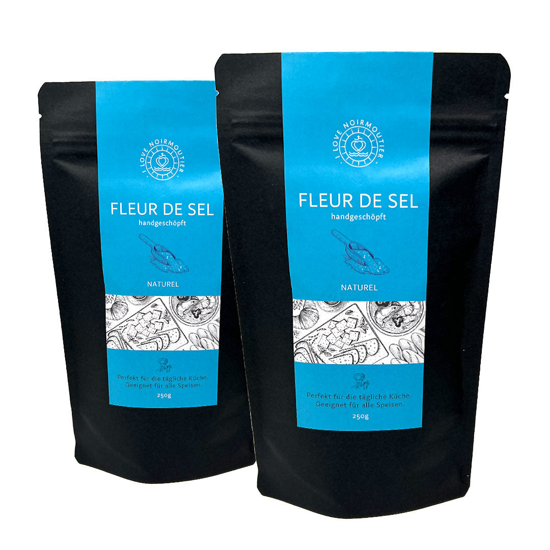 2x250g Beutel reines Fleur de Sel Salzblüten aus Noirmoutier. Handgeschöpft und naturrein von der französischen Atlantikküste.