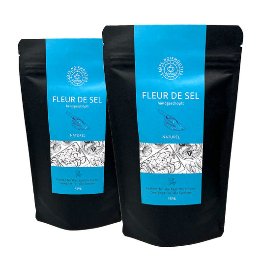 2x250g Beutel reines Fleur de Sel Salzblüten aus Noirmoutier. Handgeschöpft und naturrein von der französischen Atlantikküste.